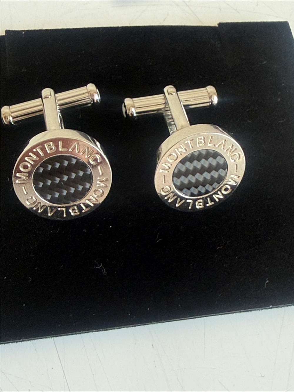Montblanc Black and Silver Carbon Fiber Round Logo Cufflinks